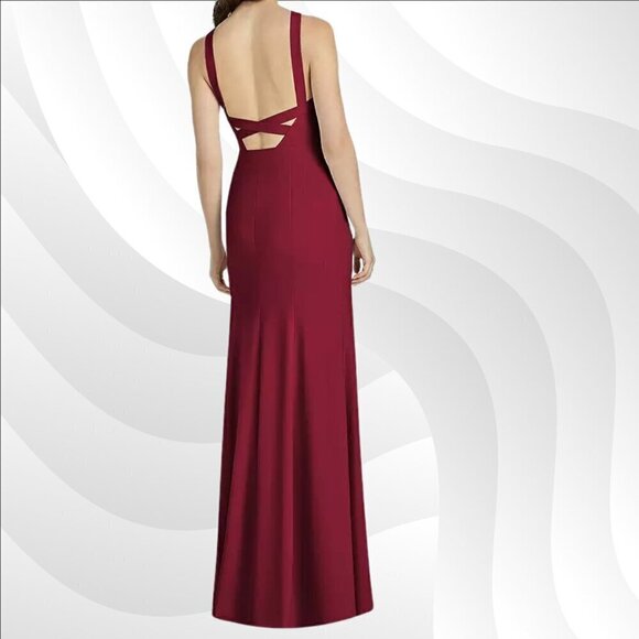 2/$50 Dessy Collection High Neck Backless Crepe Trumpet Gown Burgundy Size 4R - Picture 2 of 7